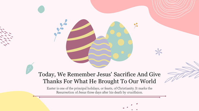 Easter themed PowerPoint slide featuring colorful decorated Easter eggs and text about the significance of it.