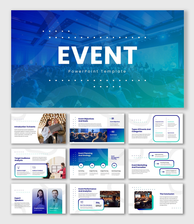 The Event presentation slide with conference audience, stage setup, and event planning strategy layout.