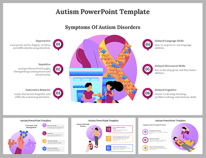 Slides on autism with a large puzzle ribbon, icons, and illustrations focusing symptoms, with purple and pink accents.