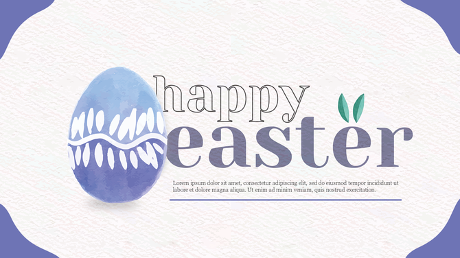 Easter themed PowerPoint slide with a blue decorated egg and message in a playful font with placeholder text.