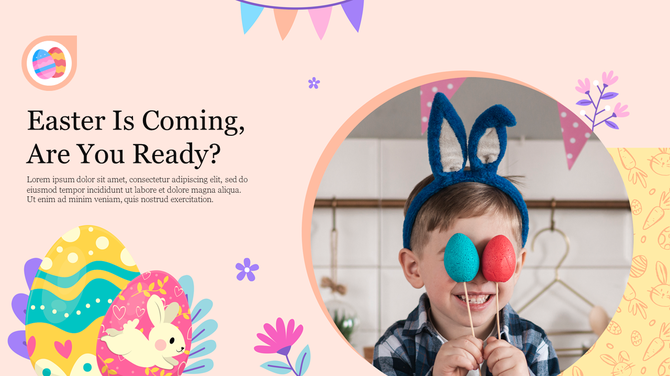 Easter slide featuring a cheerful boy wearing bunny ears holding colorful eggs, with festive icons on a pastel backdrop.