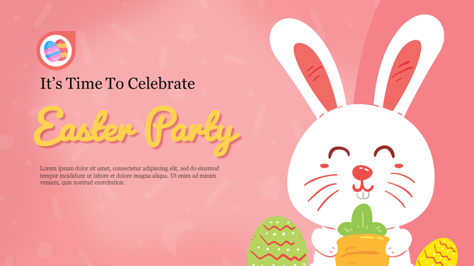 Cartoon Easter bunny and eggs with a vibrant pink backdrop and playful typography promoting an Easter celebration.