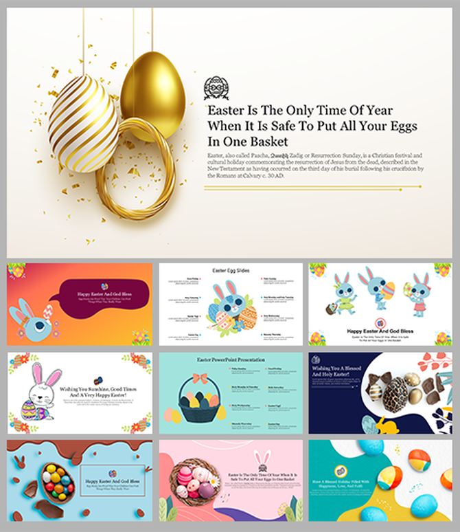 Easter themed PowerPoint showcasing slides with vibrant colors, bunnies, and decorated eggs.