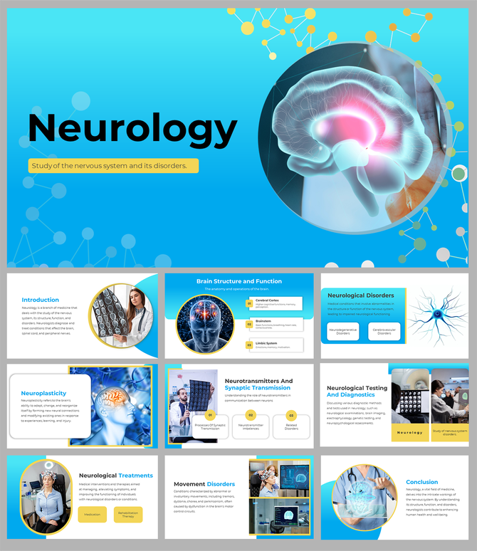 Alt: Neurology presentation slide deck featuring a blue theme with a glowing 3D brain model and molecular connections.