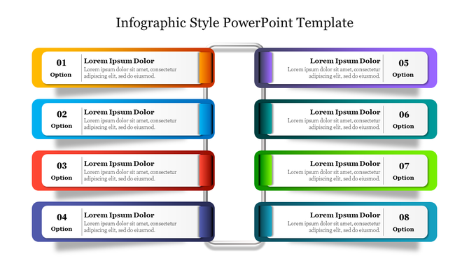 Colorful infographic PowerPoint slide with eight labeled options displayed in a horizontal format for organized information.