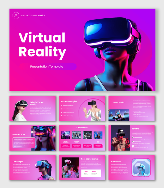 Virtual Reality Presentation Template with pink gradient, VR headset image, icons, shapes and structured text slides.