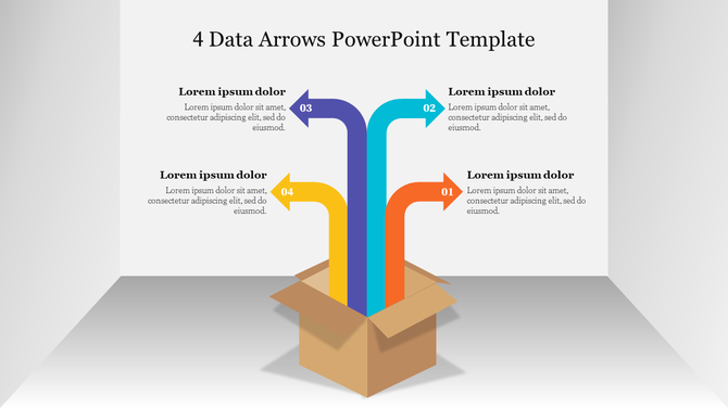 A template with four data arrows in varying colors emerging from a box, each linked to a text section for descriptions.