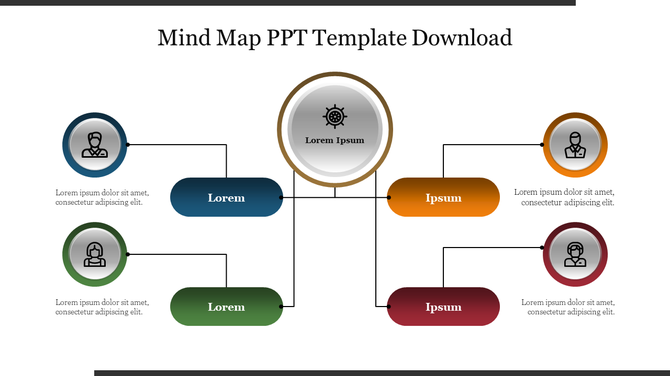 Mind Map PowerPoint slide with circular nodes connected by lines, each containing placeholders for text and icons.