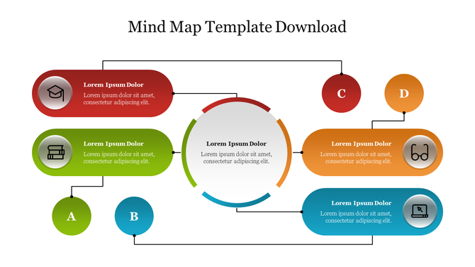 Horizontal mind map with red, green, orange, and blue segments branching from a circle, each segment with placeholder text.