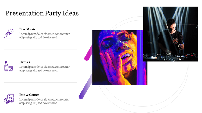 Slide with party ideas, featuring three purple icons and text, alongside photo of a DJ and glowing neon painted face.
