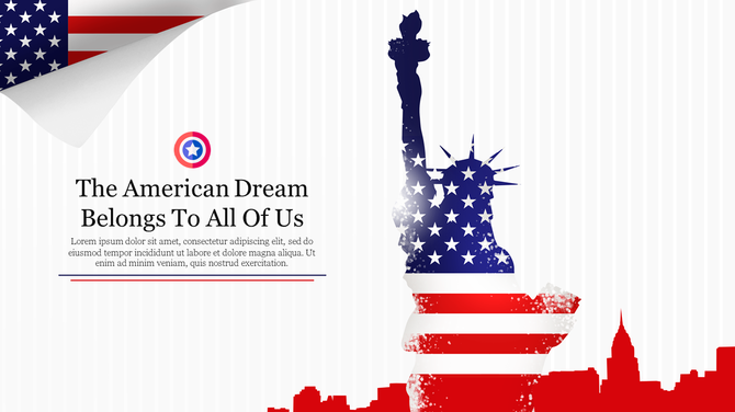 Silhouette of the Statue of Liberty with stars and stripes from the American flag, with text on the left side.