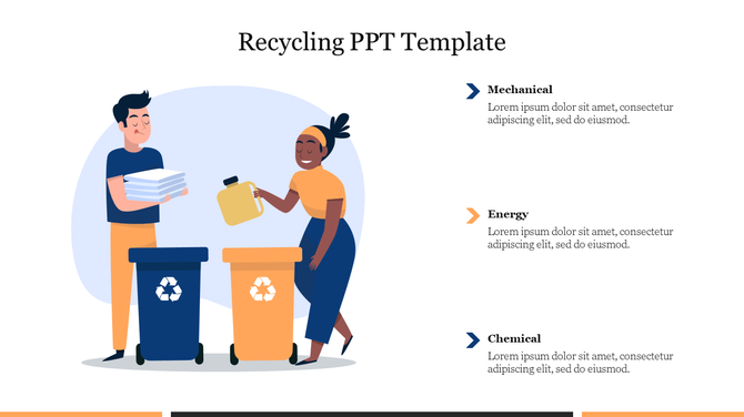 Illustrated slide with two people recycling, a man holding paper and a woman pouring into a bin, with three captions.