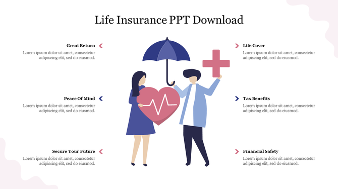 Illustration of a couple with an umbrella and heart, surrounded by six life insurance benefits listed on both sides.