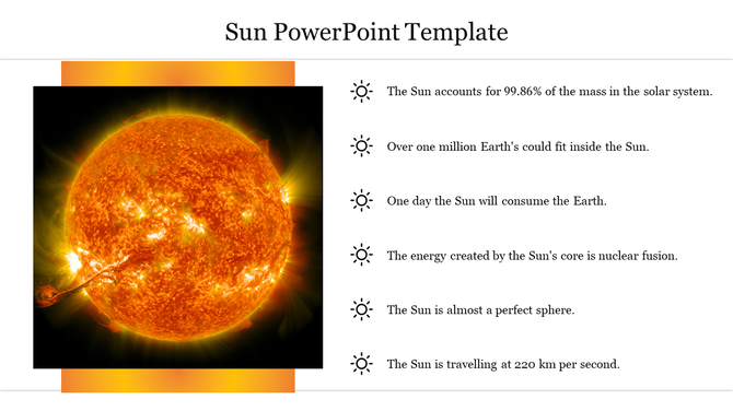 Slide featuring an image of the Sun with key facts about its size, energy, and role in the solar system.