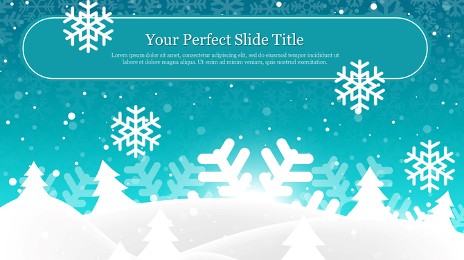 Snowy landscape with white hills, trees, and snowflakes on a blue gradient background, featuring a title bar at the top.