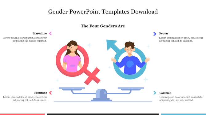 Male and female figures inside gender symbols placed on a balance scale, with placeholder text around them.