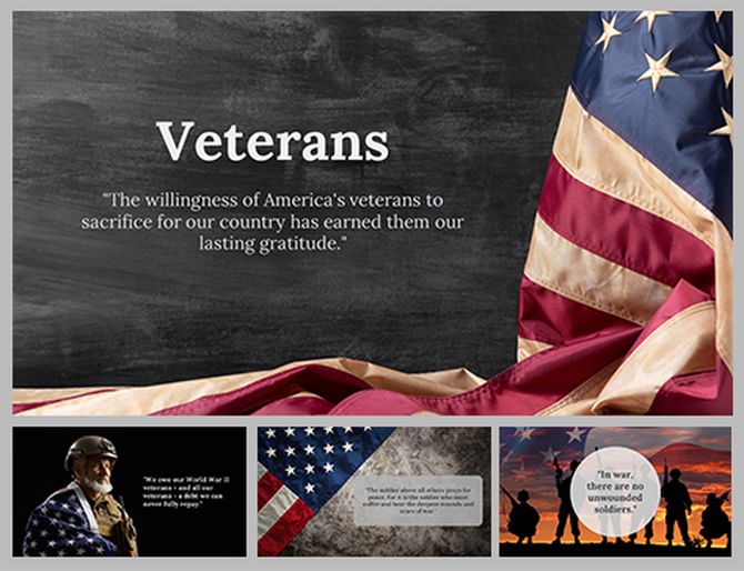 Veterans themed slide deck with American flag imagery, quotes, and silhouettes of soldiers against a sunset background.