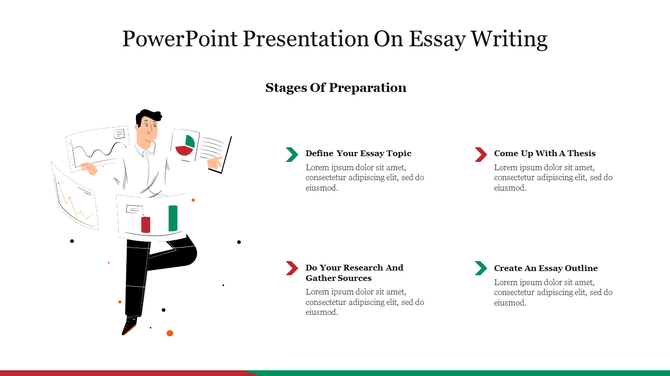 Slide with a character holding various charts, with four stages of essay preparation labeled and connected by colored arrows.