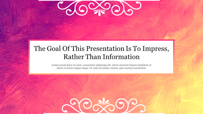 Colorful gradient background with swirls of pink and orange, featuring a text box with a quote and placeholder text.