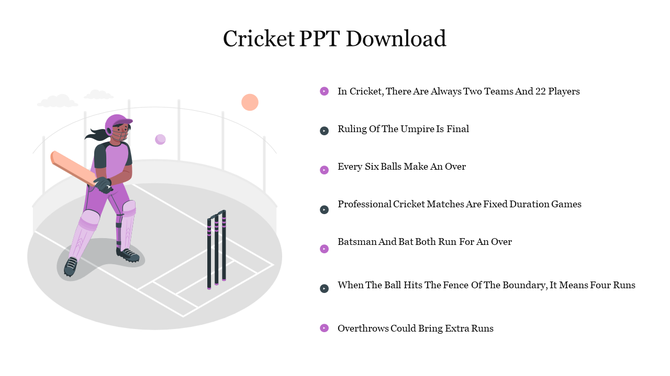 Slide featuring a player illustration and seven bullet points outlining basic cricket rules.