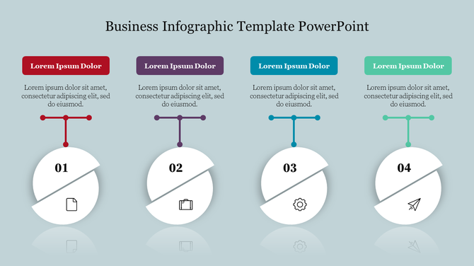 Business infographic slide with four numbered sections in red, purple, teal, and green, each with an icon and text below.