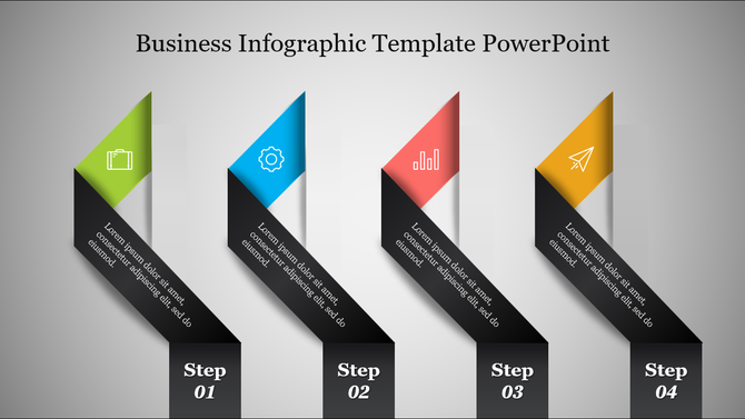 A slide featuring a business infographic template with four steps, each represented by a colored icon and description.
