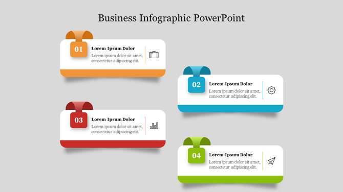 Four horizontal business infographic text boxes with ribbon-style tabs in varying colors, showcasing numbers and icons.