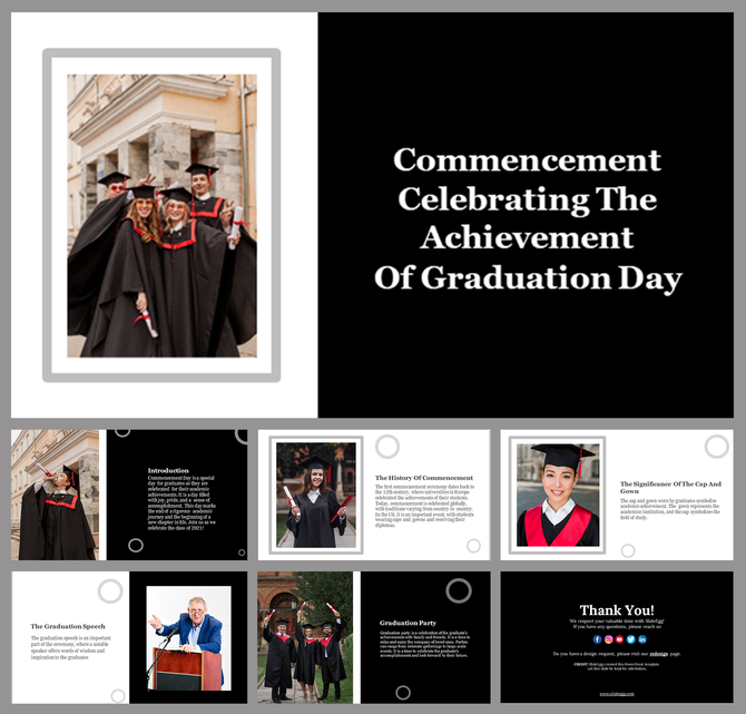 Graduation-themed with a cover slide deck showing graduates in gowns and multiple content slides with text and images.
