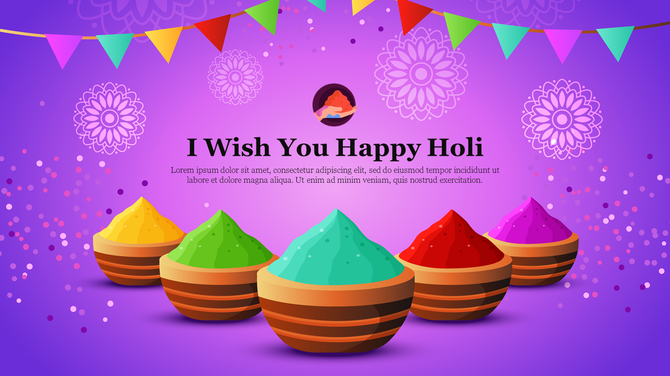 Holi themed slide with colorful powder bowls, decorative rangoli patterns, and festive banners on a purple background.