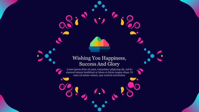 Holi slide with a deep purple background, decorative flower shapes, and a centered quote about happiness, success, and glory.