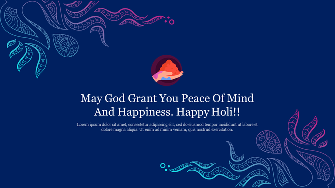 Dark blue background with colorful paisley patterns on the corners and a central text with icon of vibrant holi powder.