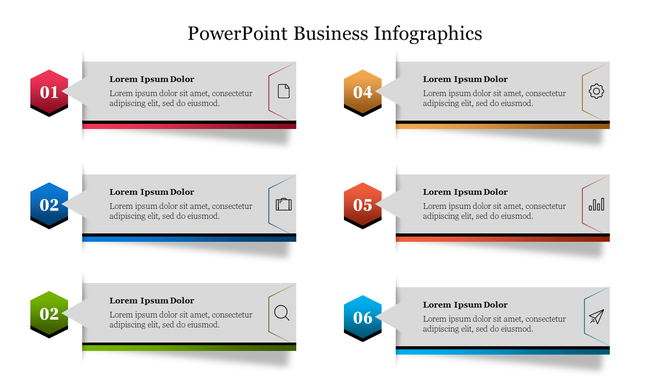 Business infographic slide with six segments, each containing an icon and a description, organized in different color.