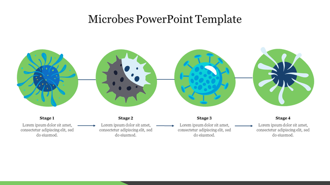 Slide displaying four stages of microbe illustrations, each with unique shapes and colors, and placeholder text areas.