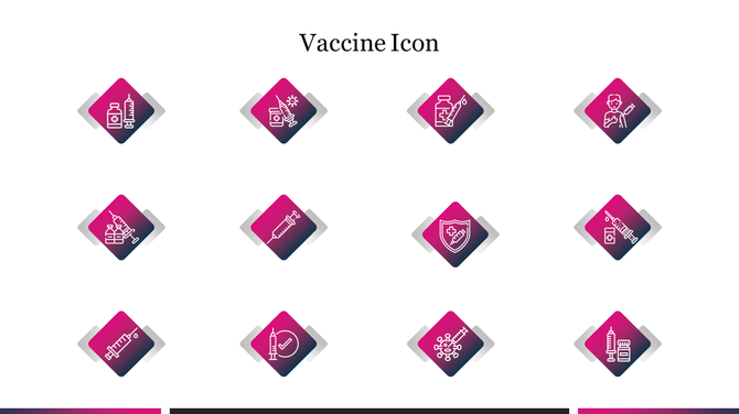 A collection of vaccine related icons such as syringes, vials, and protective shields on a vibrant gradient background.
