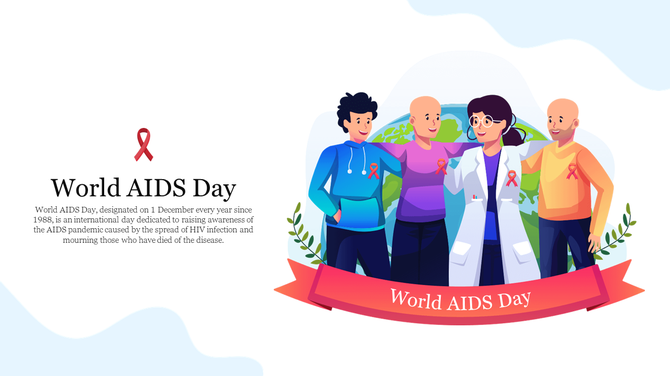 Illustration for World AIDS Day with a group of people, including a doctor, standing together with red ribbon symbols.