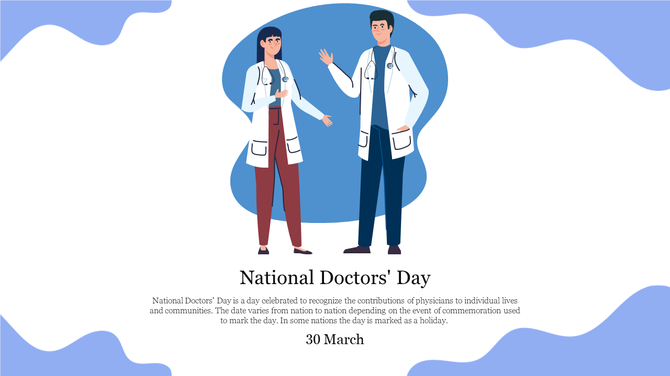 Illustration of two doctors in white coats with stethoscopes, smiling and gesturing, set against a blue abstract background.