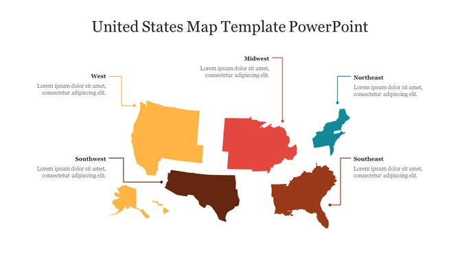 Colorful united states map slide showing geographical divisions with corresponding labels for each region with text area.