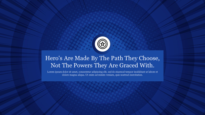 Superhero themed blue background with a radial burst effect, featuring halftone dots, and a centered text box.