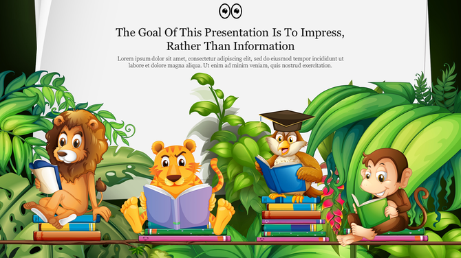 Jungle-themed slide with cartoon animals and title text, including a lion, tiger, owl, and monkey, all engaged in reading.