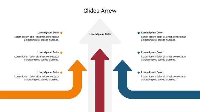 Slide with central vertical red arrow inside a larger white arrow, flanked by curved orange and blue arrows pointing upward.