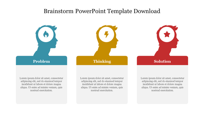 Brainstorm PowerPoint template with silhouettes representing problem, thinking, and solution stages with placeholder text.