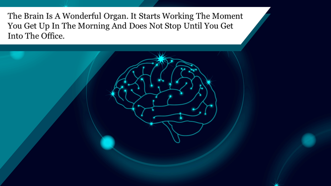 Futuristic brain illustration with electric blue neuron connections, beneath a quote about the activity and office work.