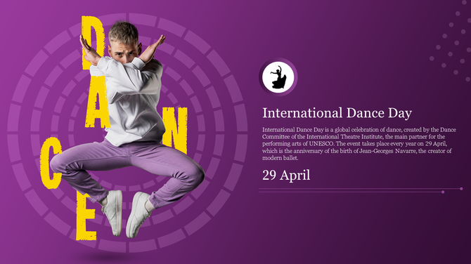 Vibrant international dance day slide featuring a dancer in white and purple attire against a circular pattern background.