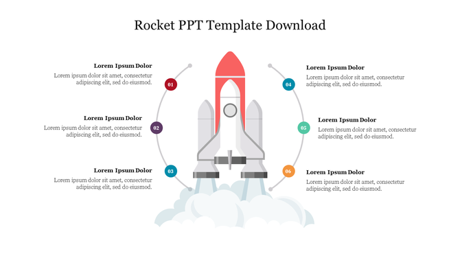 Graphic of a rocket lift off with smoke, surrounded by six colored text areas arranged in a circular layout.