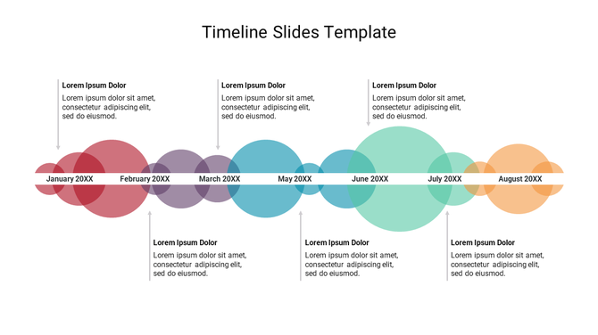 Timeline slide with overlapping colored circles in red, purple, blue,  green, and orange, spanning from January to August.