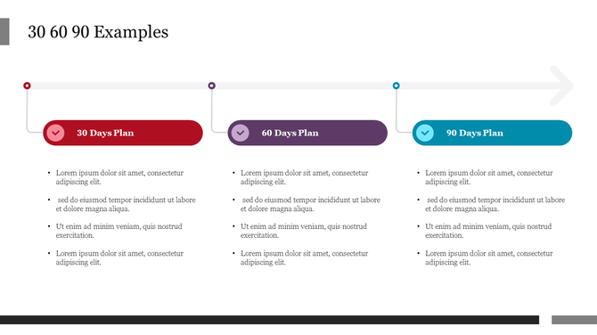 Horizontal line with three color coded sections in red, purple, and blue, representing 30, 60, and 90 day plans with tasks.