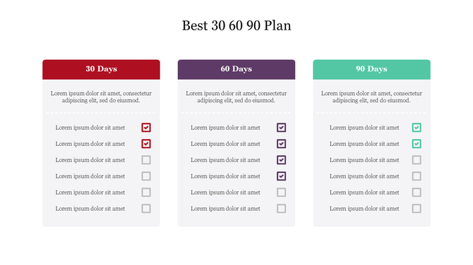 Three-column checklist for 30, 60, and 90 day plans with red, purple, and green headers, showing task items with checkboxes.