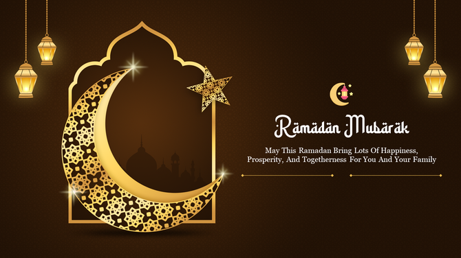 Ramadan themed design with a golden crescent, star, lanterns, on a brown background featuring mosque silhouettes.