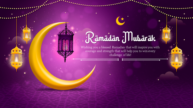 Ramadan Mubarak slide with golden crescent, hanging lanterns, and twinkling lights on a purple patterned background.