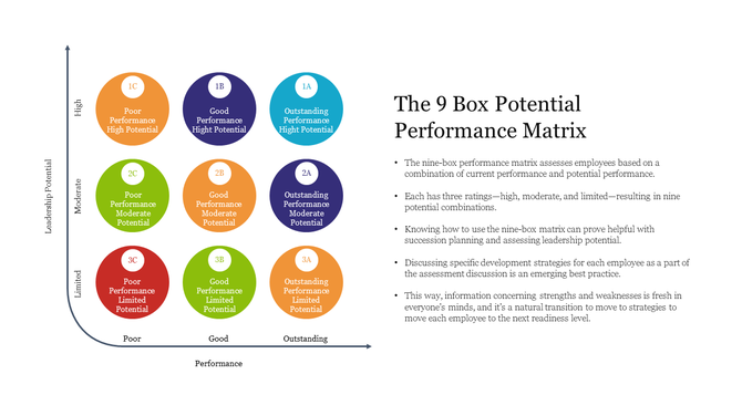 Employee assessment slide with a 9-box matrix illustrating combinations of leadership potential and performance.